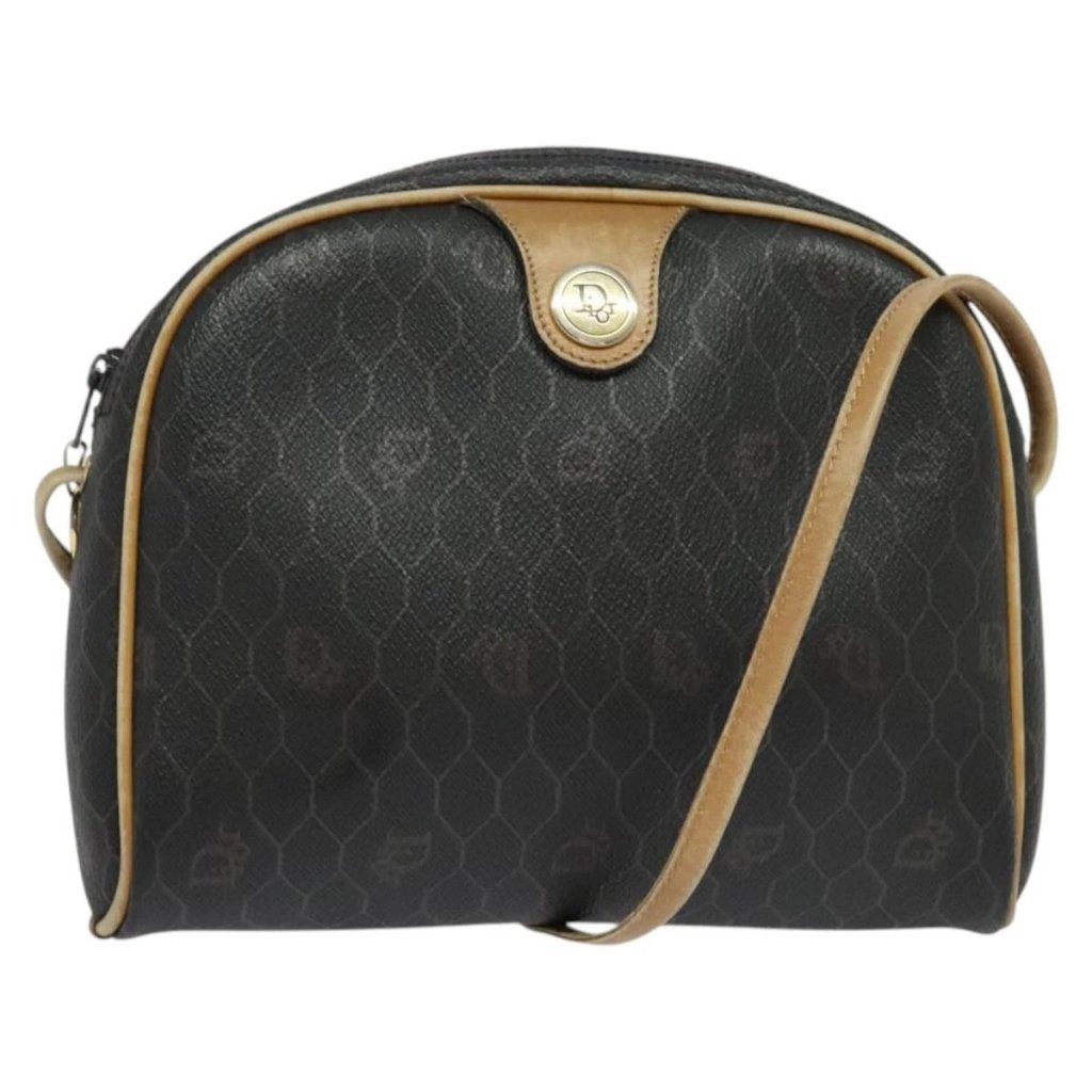 Christian Dior Honeycomb Canvas Shoulder Bag Pvc Black Gold Auth Sw1341